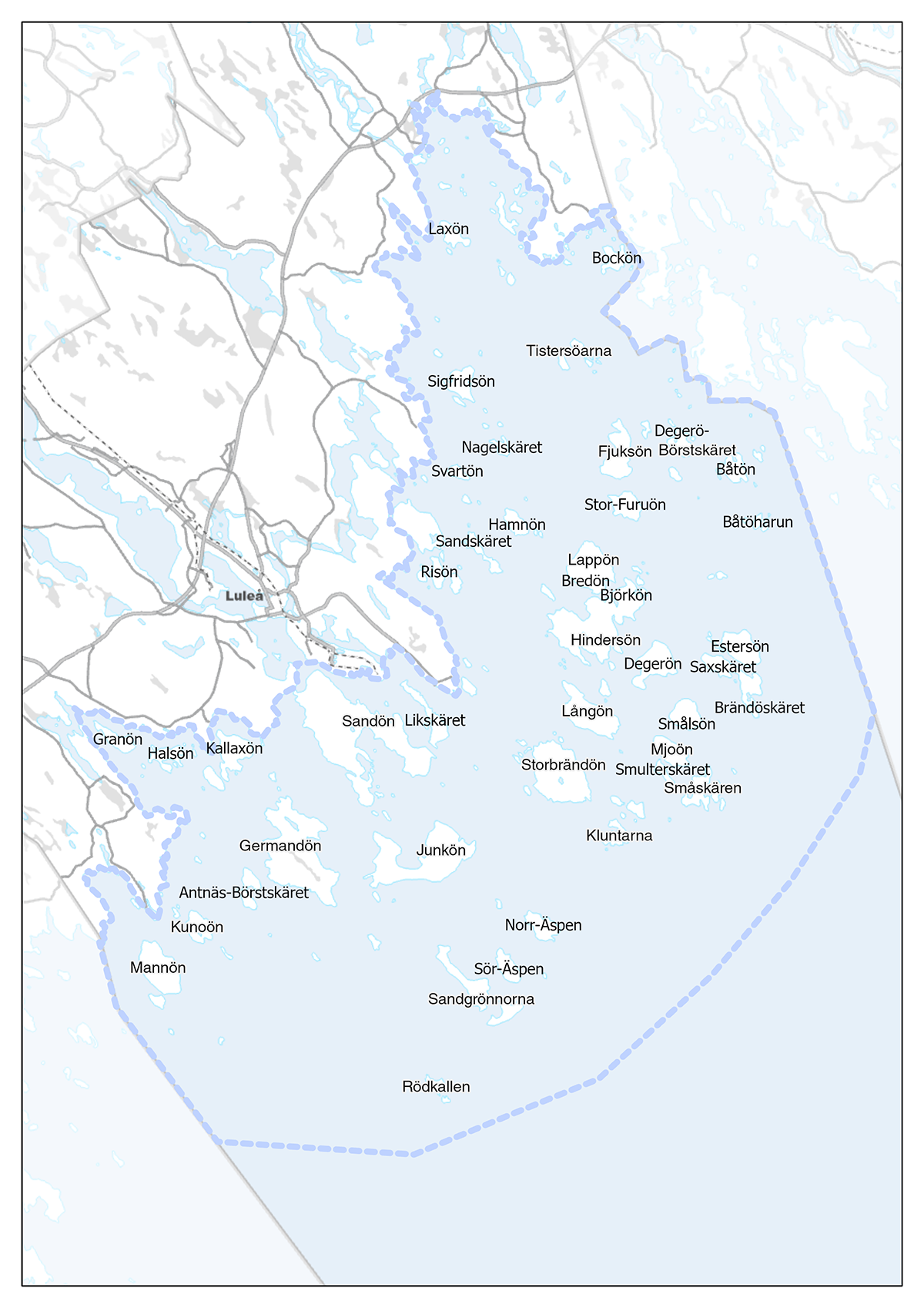 Karta över Luleå skärgård med öarnas namn utmärkta