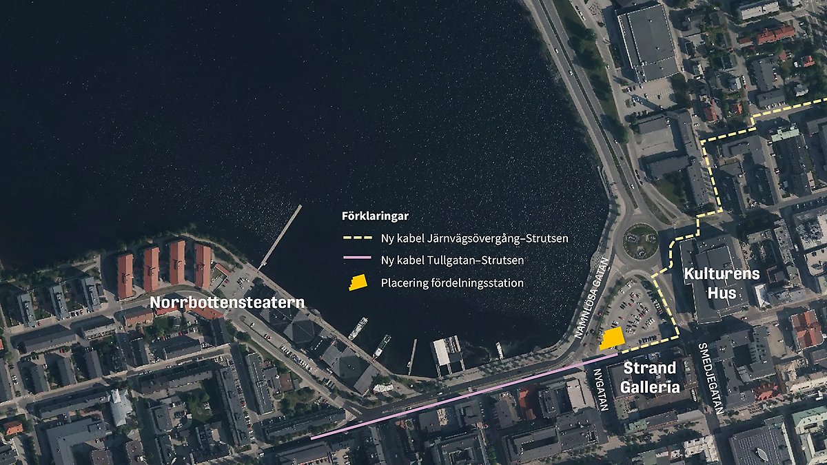 Karta över parkering och dragning av elektricitet i området.